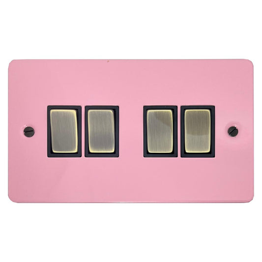 Flat Gloss Pink 4 Gang Switch (Antique Brass Switches/Black Inserts)