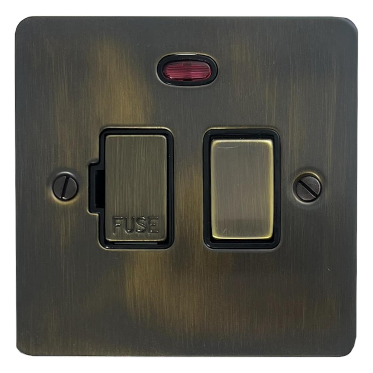 Flat Antique Brass Switched Fuse Spur with Neon (Brass Switch)