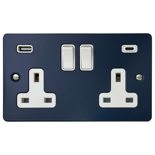 Flat Blue 2 Gang Socket with USBC (White Switches)