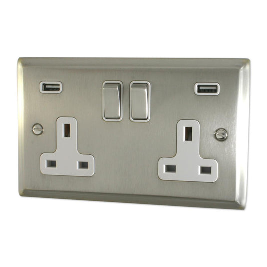 Deco Satin Nickel 2 Gang Socket with USB