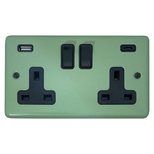 Classic  Sage Green  2 Gang Socket with USBC (Black Switches)