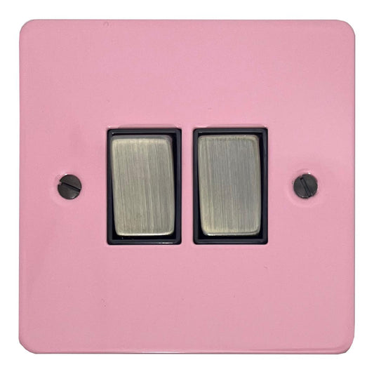 Flat Gloss Pink 2 Gang Switch (Antique Brass Switches/Black Inserts)