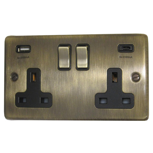 Contour Antique Brass 2 Gang Socket with USBC (Brass Switches)