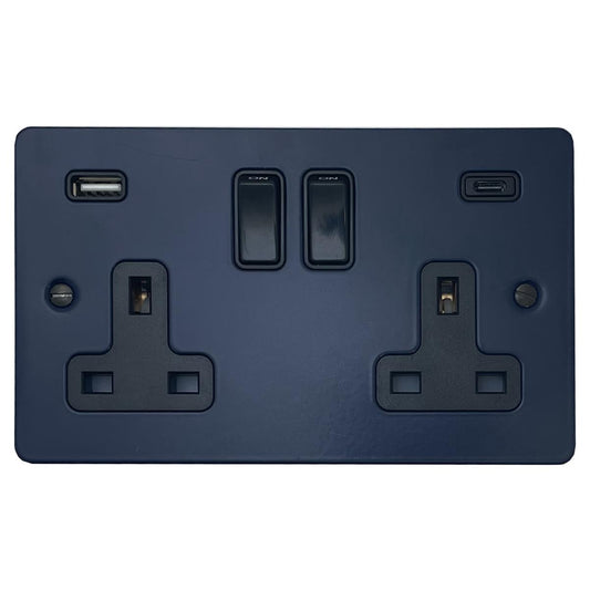 Flat Blue 2 Gang Socket with USBC (Black Switches)