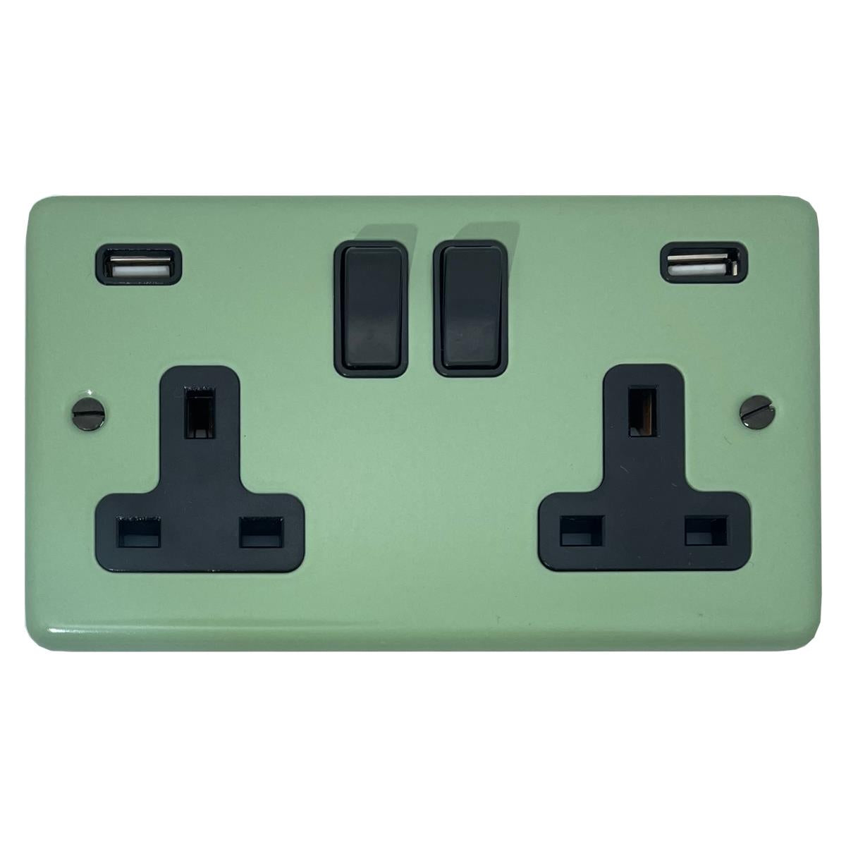 Classic  Sage Green 2 Gang Socket with USB (Black Switches)