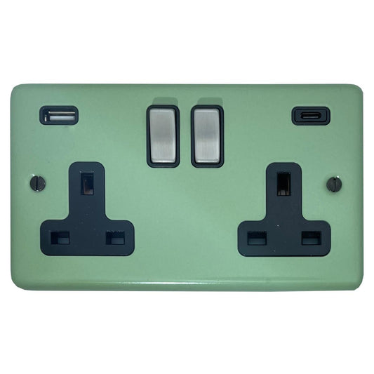 Classic Sage Green 2 Gang Socket With USBC (Satin Chrome Switch/Black Insert)