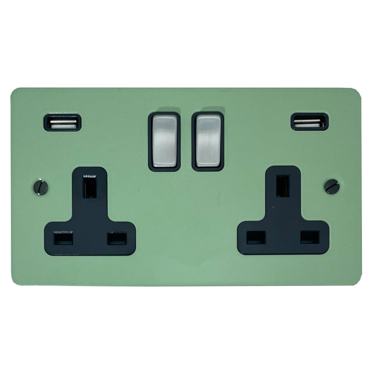 Flat Sage Green 2 Gang Socket with USB (Satin Chrome Switch/Black Insert)