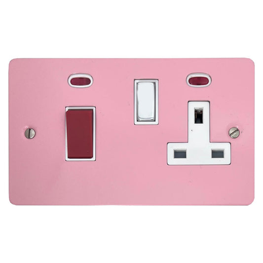 Flat Gloss Pink 45 Amp Cooker Switch and Socket (Polished Chrome Switches/White Inserts)