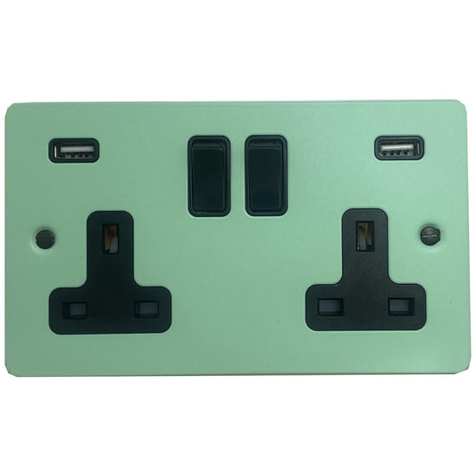 Flat Peppermint Green 2 Gang Socket with USBC (Black Switches)