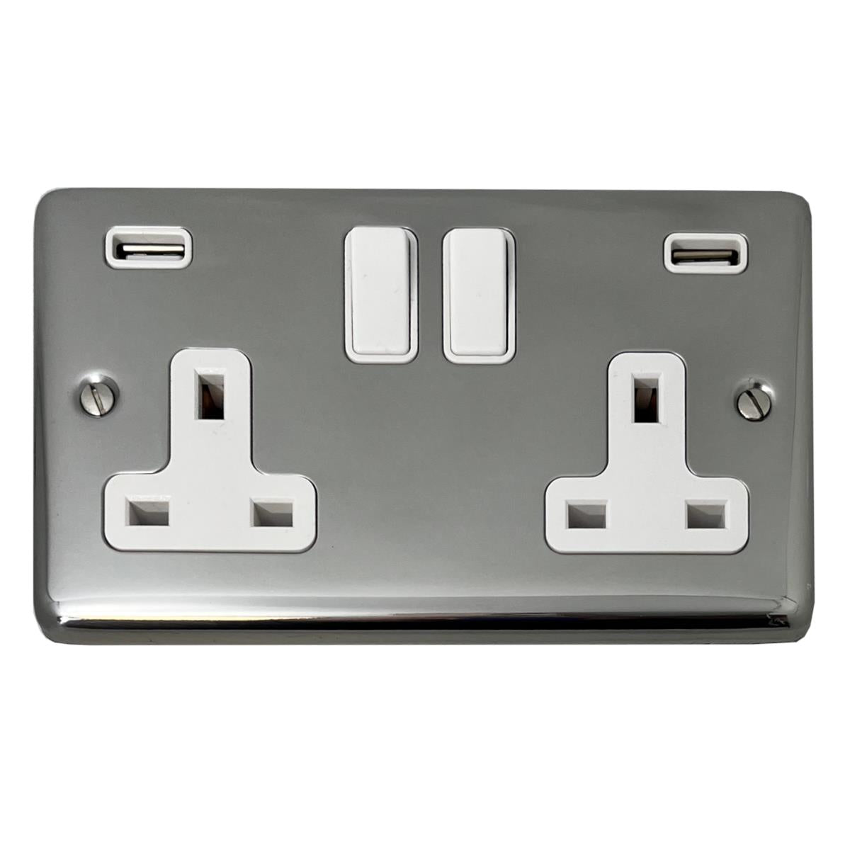 Contour Polished Steel 2 Gang Socket + Usb