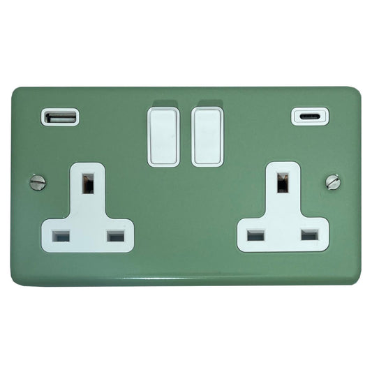 Classic Sage Green 2 Gang Socket with USBC (White Switches)