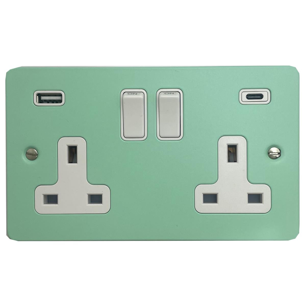 Flat Peppermint Green 2 Gang Socket with USBC (White Switches)