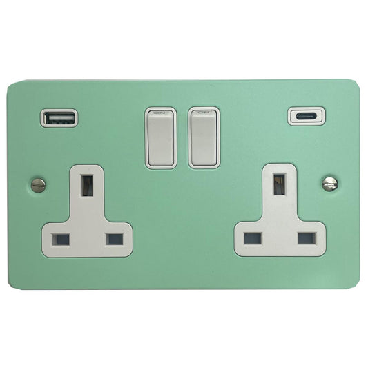 Flat Peppermint Green 2 Gang Socket with USBC (White Switches)