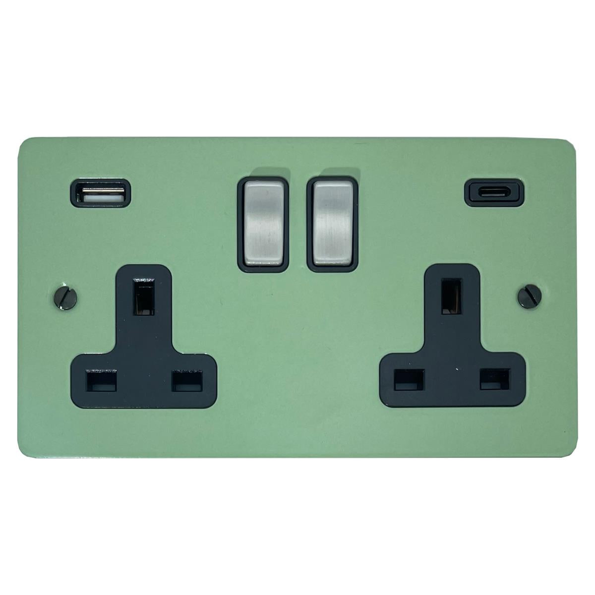 Flat Sage Green 2 Gang Socket with USBC (Satin Chrome Switch/Black Insert)