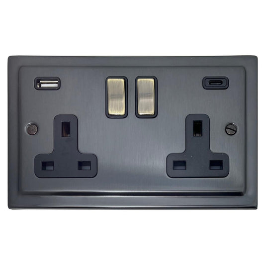 Trimline Black Bronze 2 Gang Socket with USBC Ports