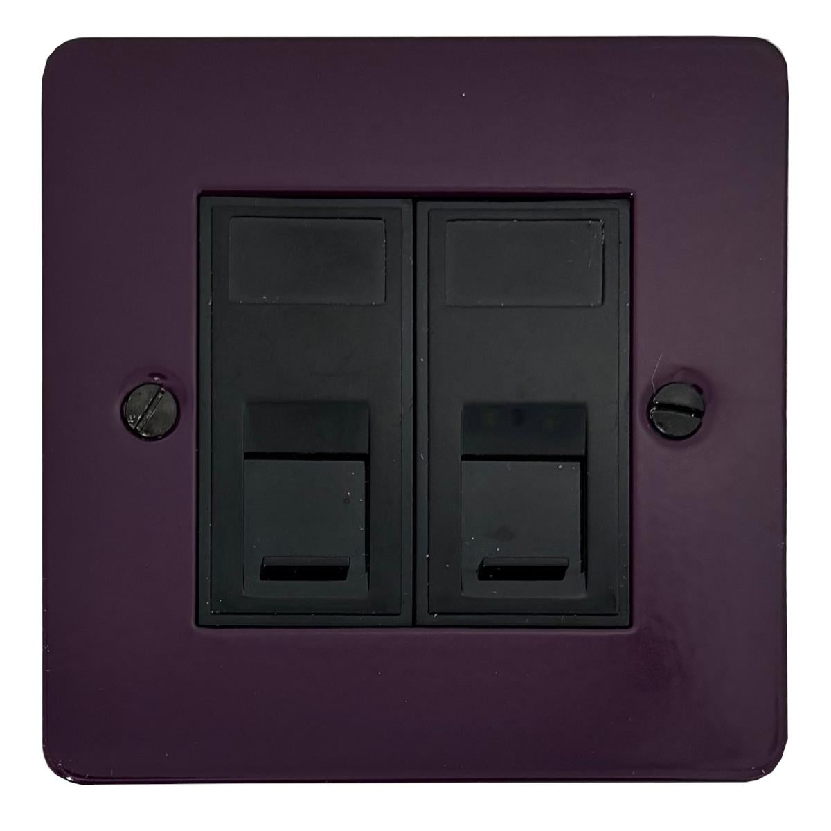 Flat Purple 2 Gang Rj45 Socket (Black Inserts)