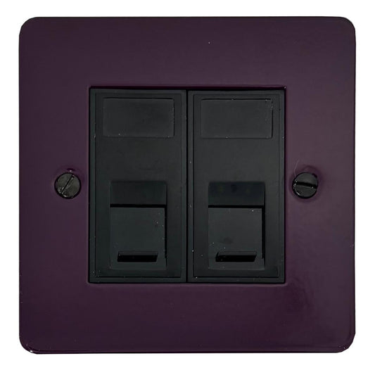 Flat Purple 2 Gang Rj45 Socket (Black Inserts)