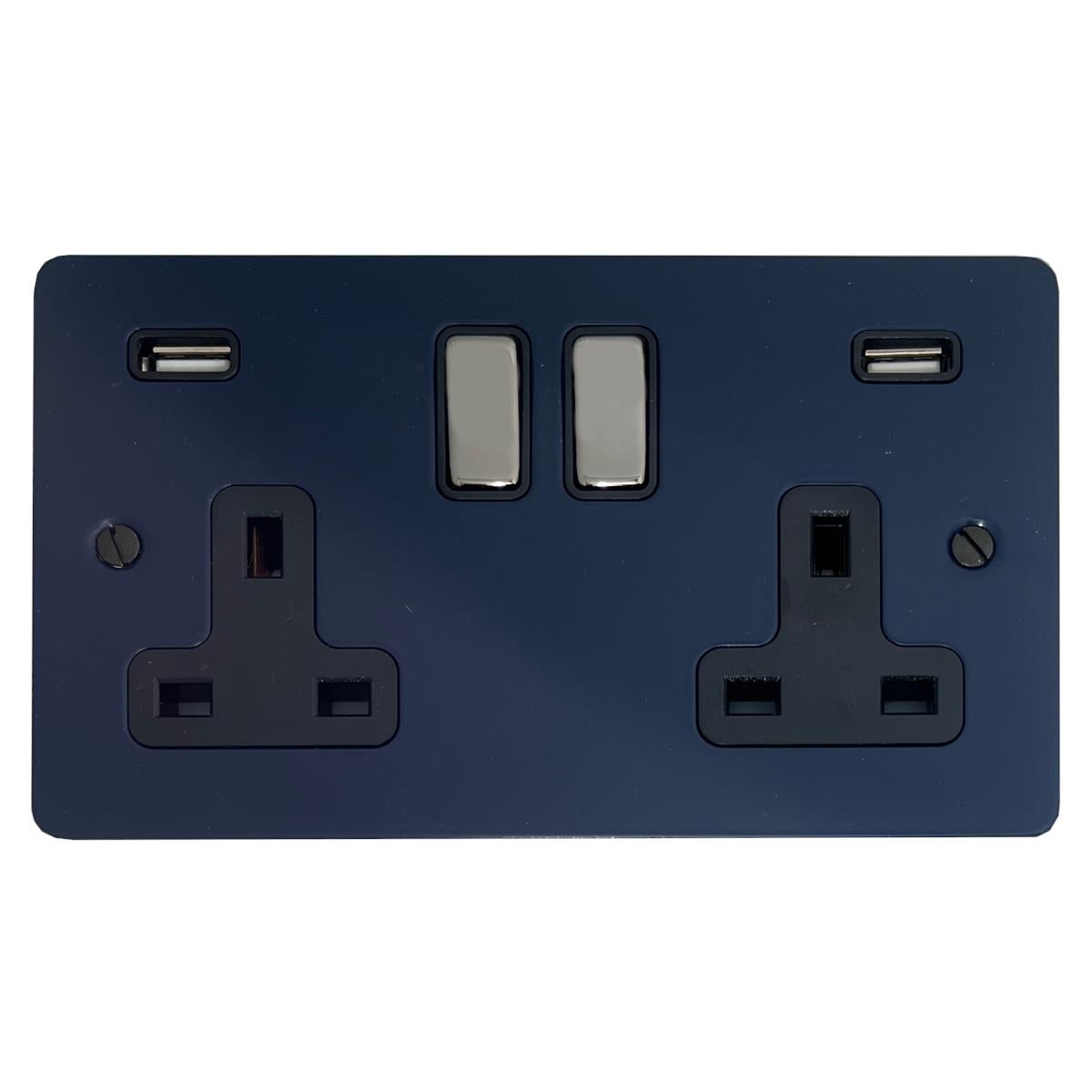 Flat Blue 2 Gang Socket with USB (Black Nickel Switch/Black Insert)