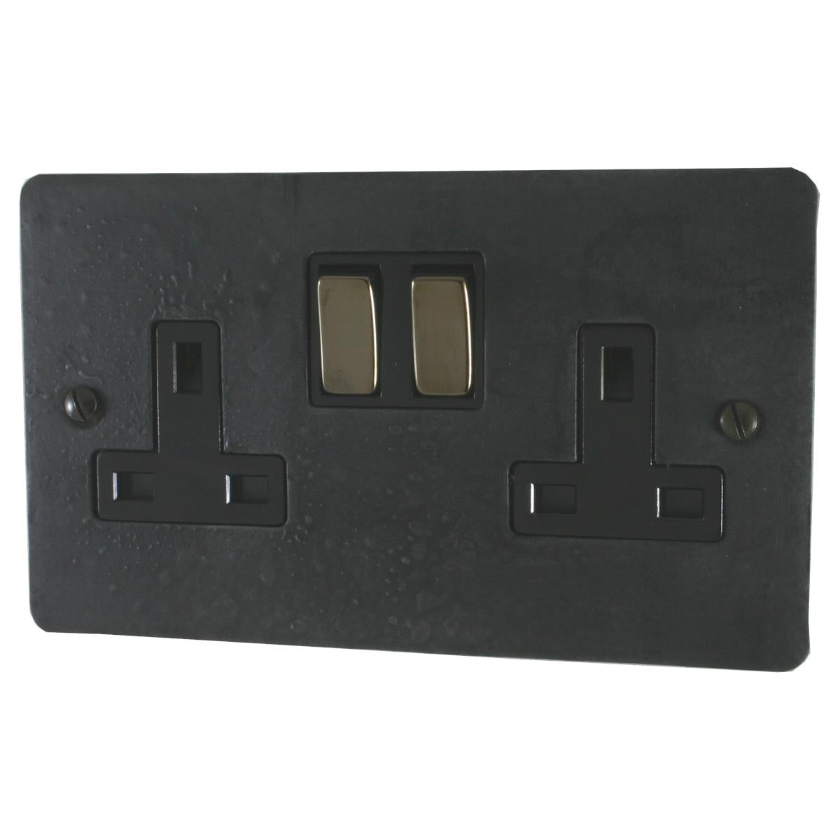 Flat Rustic Pewter 2 Gang Socket (Black Nickel Switches/Black Inserts)