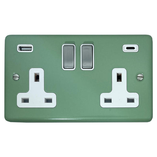 Classic Sage Green Classic 2 Gang Socket with USBC (Satin Chrome Switch/White Insert)