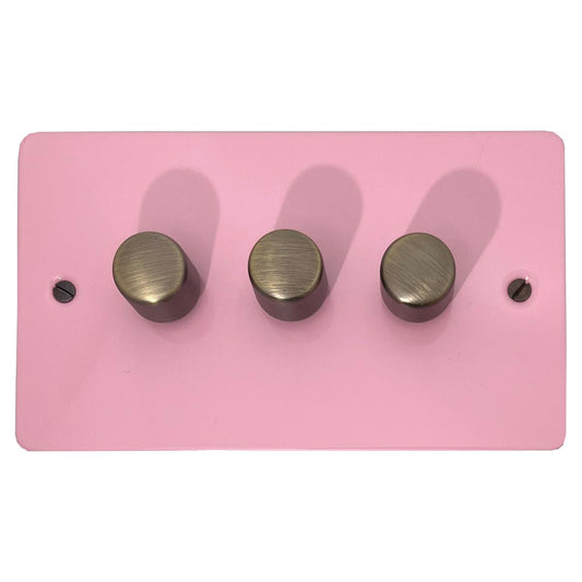 Flat Gloss Pink 3 Gang LED Dimmer (Antique Brass Caps)