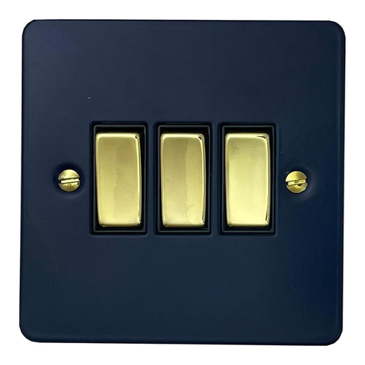 Flat Blue 3 Gang Switch (Polished Brass Switches/Black Inserts)
