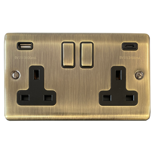 Basics Antique Brass 2 Gang Socket with USBC