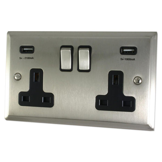 Deco Satin Nickel 2 Gang Socket C/W Usb