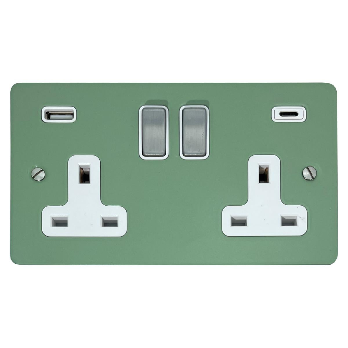 Flat Sage Green 2 Gang Socket with USBC (Satin Chrome Switches/White Inserts)