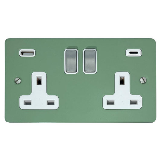 Flat Sage Green 2 Gang Socket with USBC (Satin Chrome Switches/White Inserts)