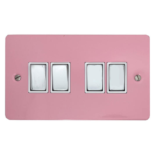 Flat Gloss Pink 4 Gang Switch (Polished Chrome Switches/White Inserts)