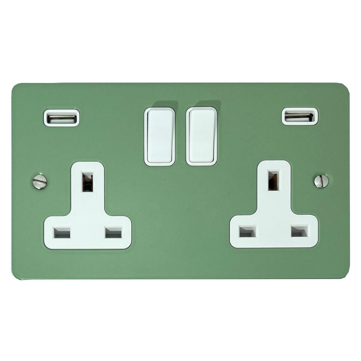 Flat Sage Green 2 Gang Socket with USB (White Switches)