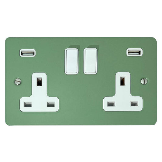 Flat Sage Green 2 Gang Socket with USB (White Switches)