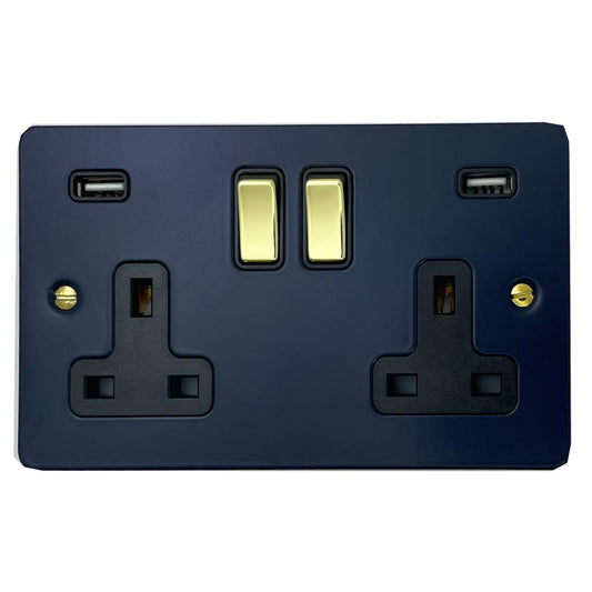 Flat Blue 2 Gang Socket with USB (Polished Brass Switches/Black Inserts)