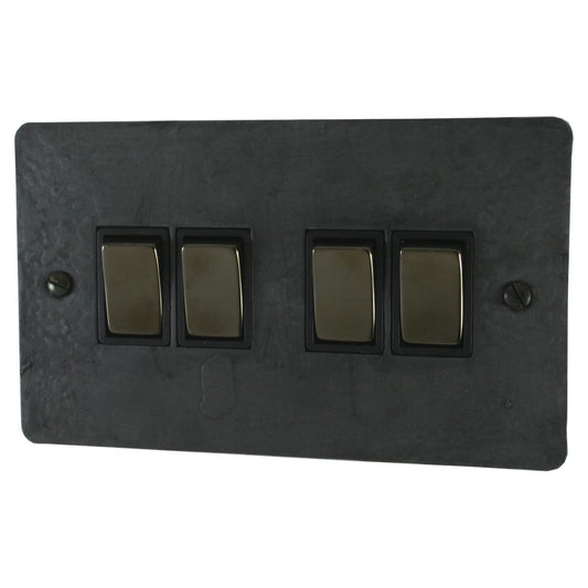 Flat Rustic Pewter 4 Gang Switch (Black Nickel Switches/Black Inserts)