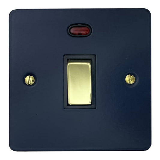 Flat Blue 20 Amp DP Switch and Neon (Polished Brass Switch/Black Insert)