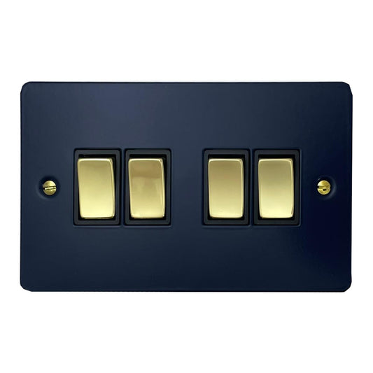 Flat Blue 4 Gang Switch (Polished Brass Switches/Black Inserts)