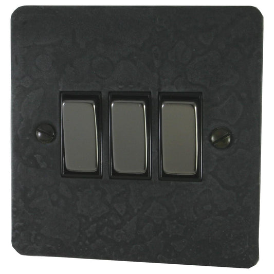 Flat Rustic Pewter 3 Gang Switch (Black Nickel Switches/Black Inserts)