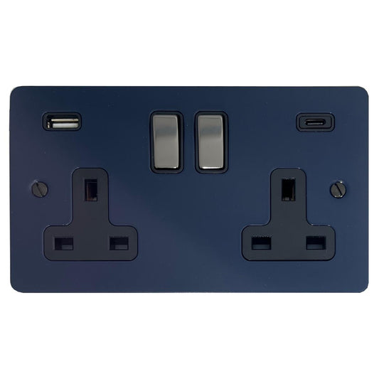 Flat Blue 2 Gang Socket with USBC (Black Nickel Switch/Black Insert)