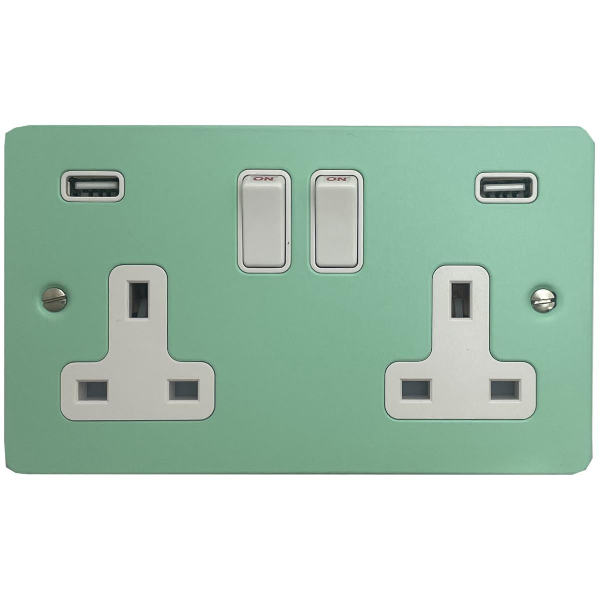 Flat Peppermint Green 2 Gang Socket with USB (White Switches)