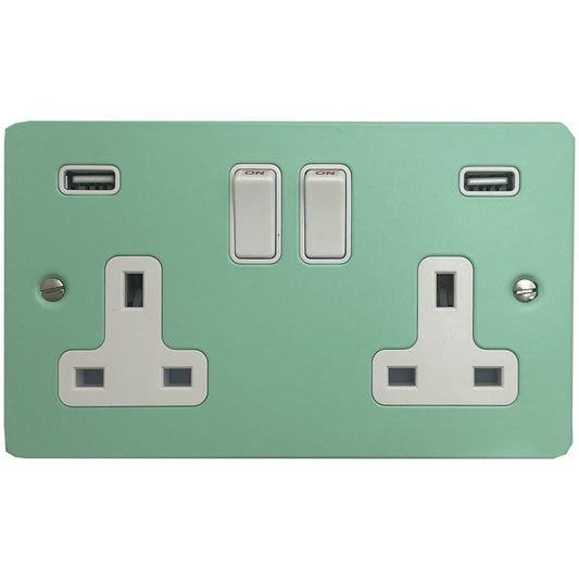 Flat Peppermint Green 2 Gang Socket with USB (White Switches)