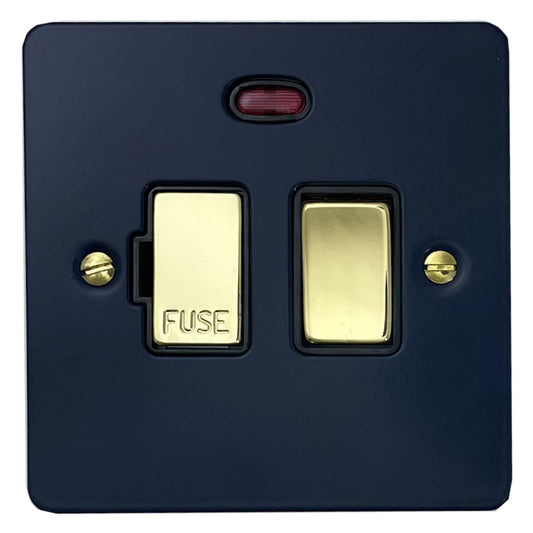 Flat Blue Switched Fuse Spur and Neon (Polished Brass Switches/Black Inserts)