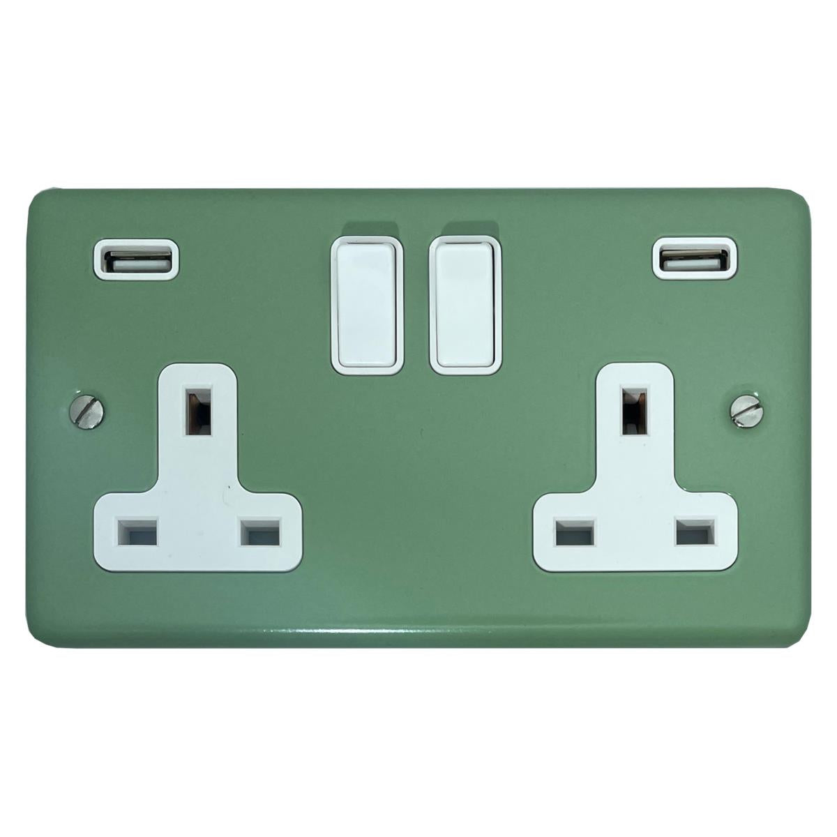 Classic Sage Green 2 Gang Socket with USBC (White Switches)