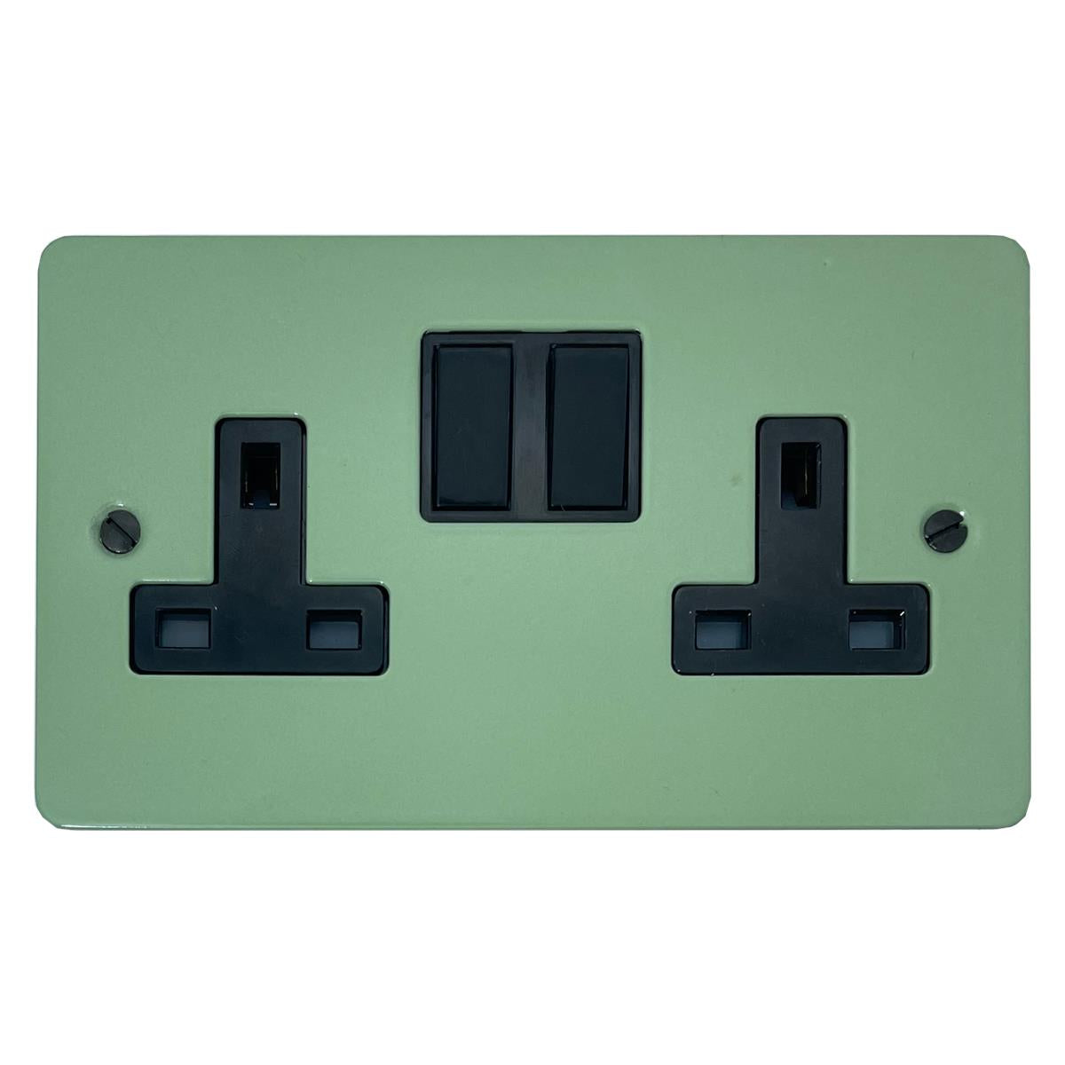 Flat Sage Green 2 Gang Socket (Black Switches)