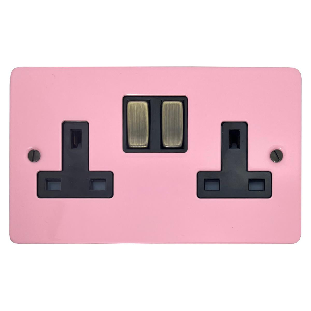 Flat Gloss Pink  2 Gang Socket (Antique Brass Switches/Black Inserts)