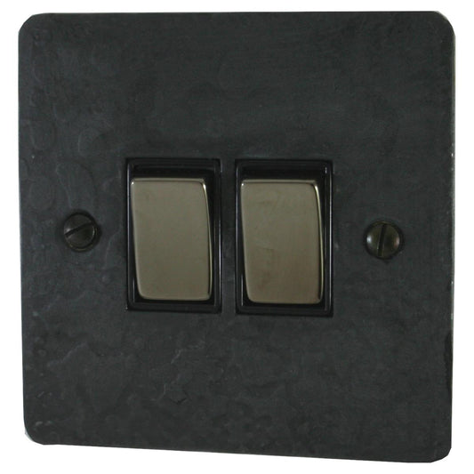 Flat Rustic Pewter 2 Gang Switch (Black Nickel Switches/Black Inserts)