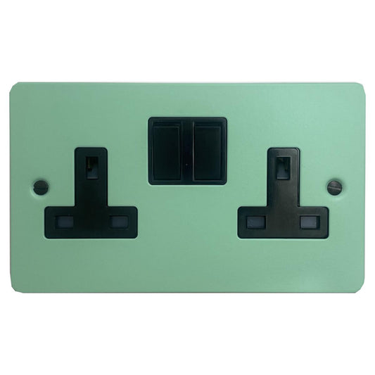 Flat Peppermint Green 2 Gang Socket (Black Switches)