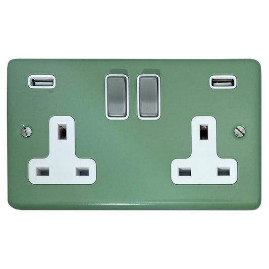 Classic Sage Green Classic 2 Gang Socket with USB (Satin Chrome Switch/White Insert)