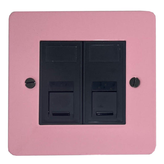 Flat Gloss Pink 2 Gang Rj45 Socket (Black Inserts)