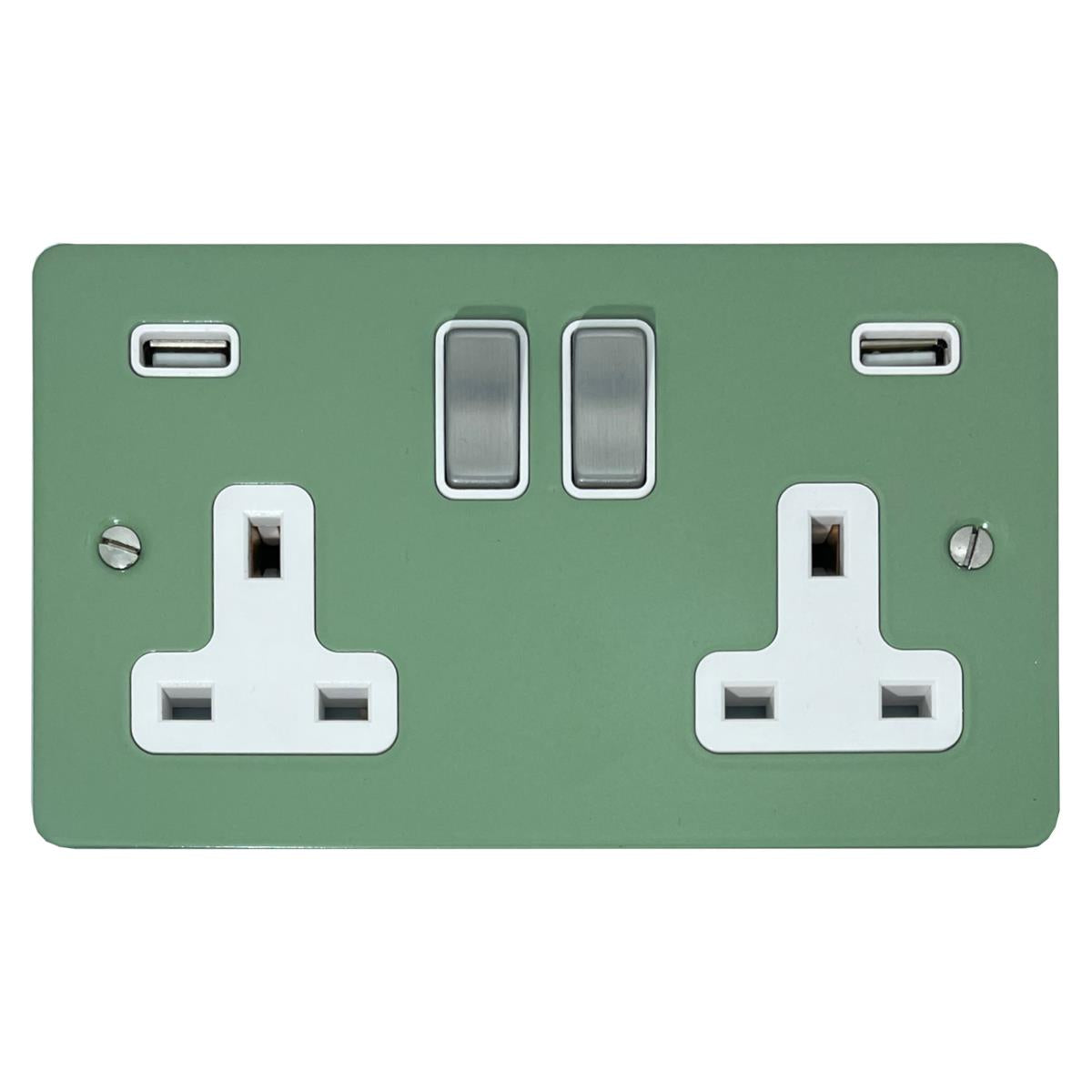 Flat Sage Green 2 Gang Socket with USB (Satin Chrome Switches/White Inserts)